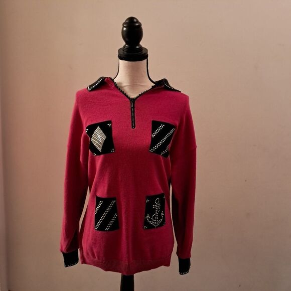 Chic Pink Sweater with Black Accents Women's Large - Picture 1 of 11